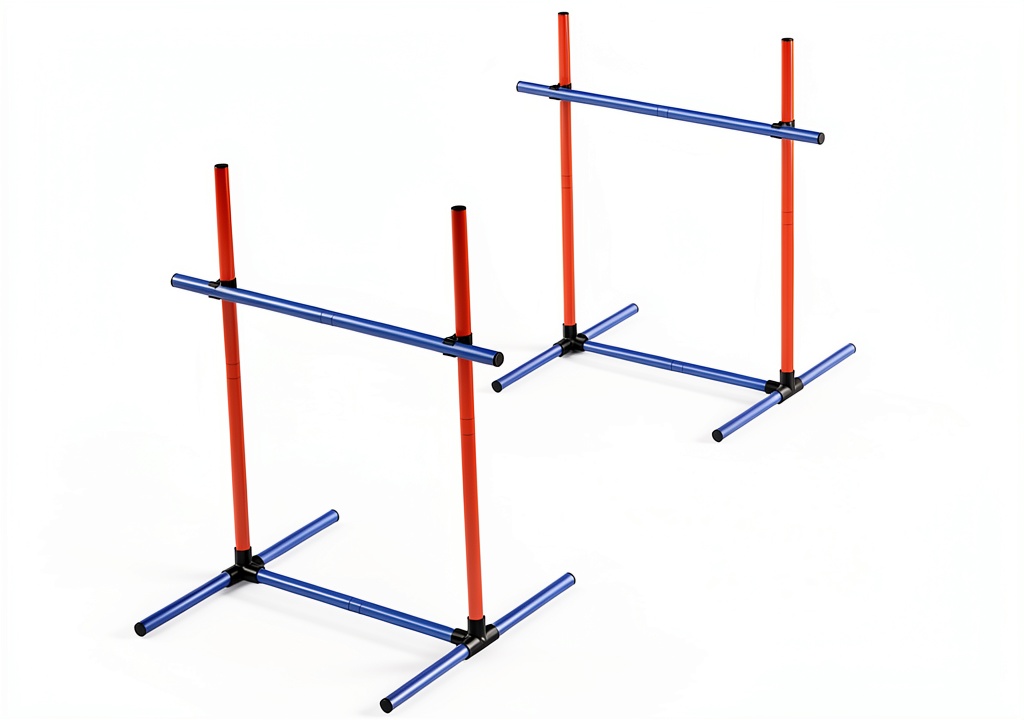 Generic Dog Agility Jump Set assembled in backyard with medium-sized dog approaching jump