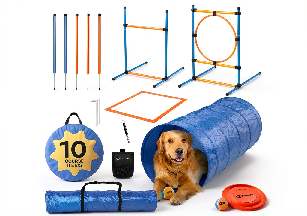 Petcove Dog Agility Course set up in a backyard with a dog navigating the tunnel