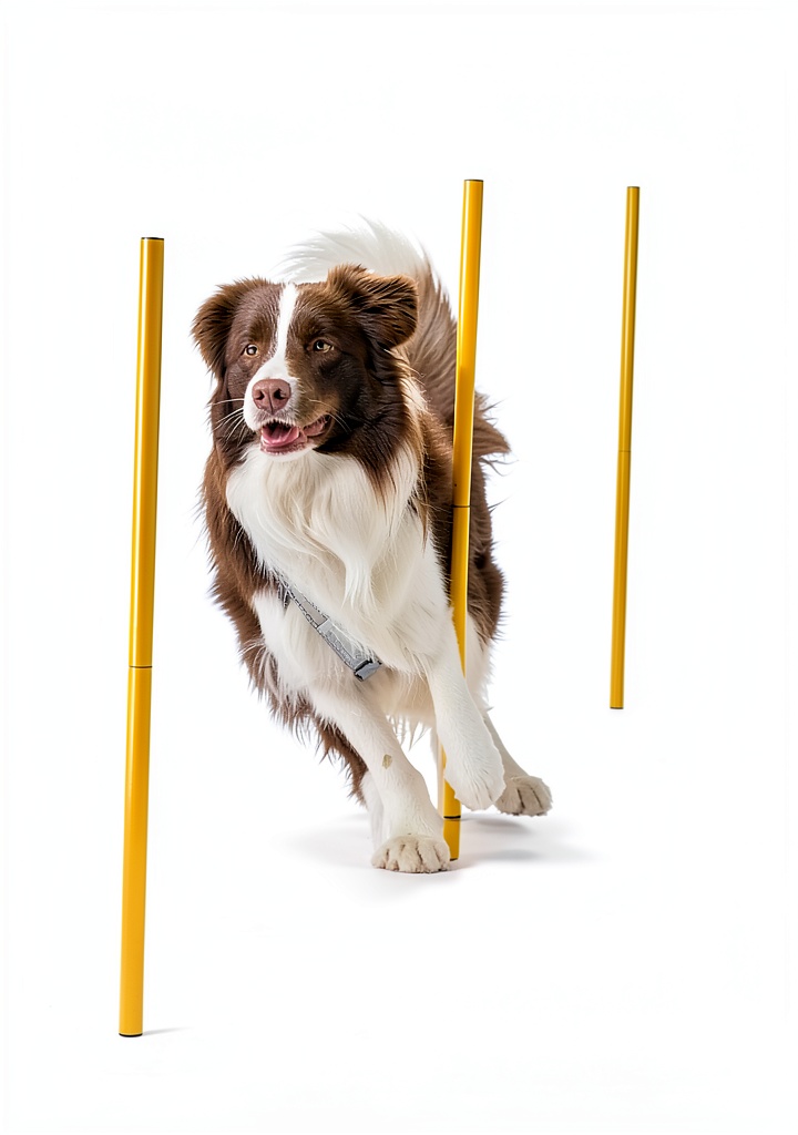 'Generic Dog Agility Weave Poles Set in a backyard training session'